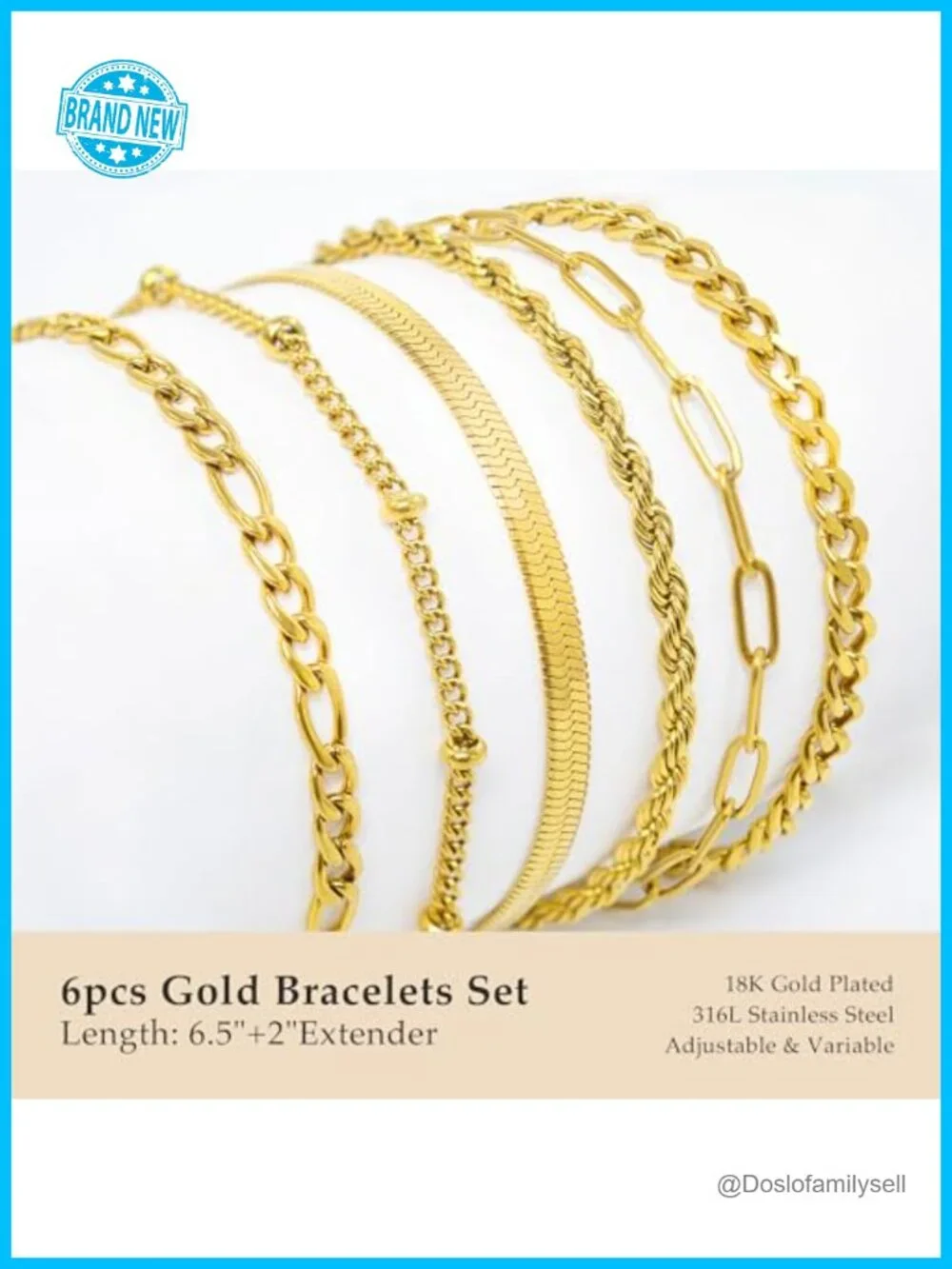 6-Piece 18K Gold Plated Stainless Steel Bracelet Stack Set with Extender